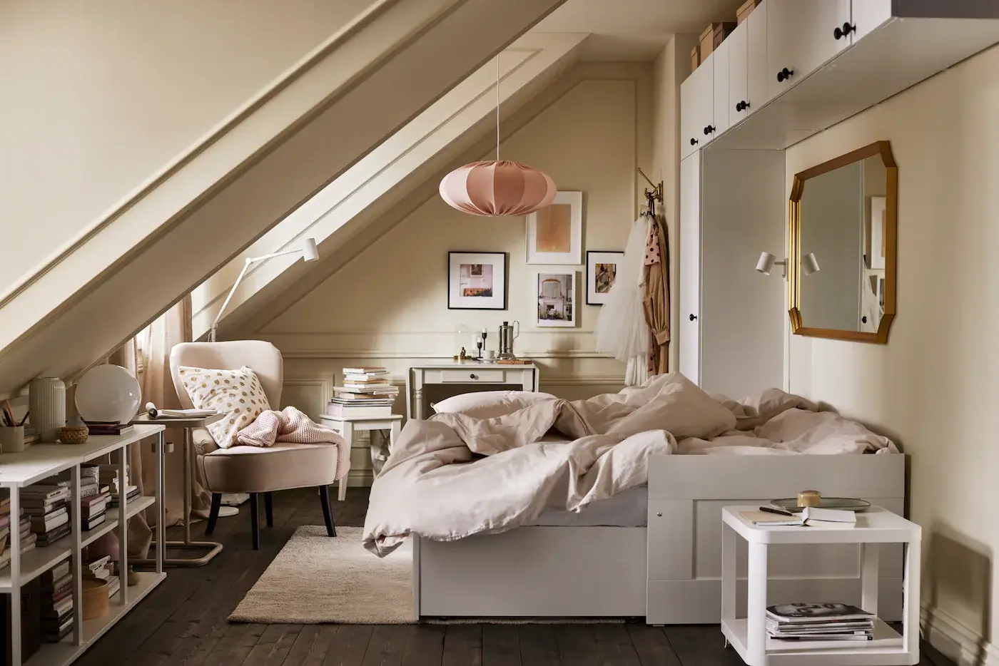 How To Decorate A Bedroom with A Slanted Ceiling 10 wall-mounted-wardobes-bookshelves-under-slanted-ceiling-ikea-bedroom-nordroom