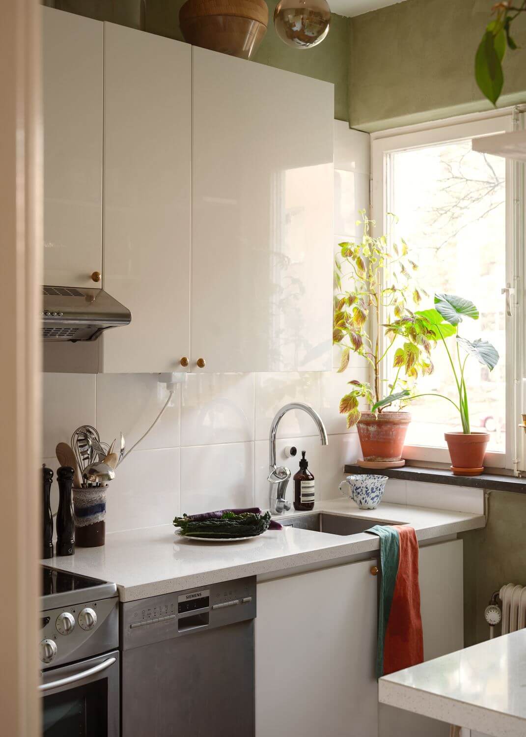 A Small Light Apartment with Plants 13 white-kitchen-green-walls-nordroom