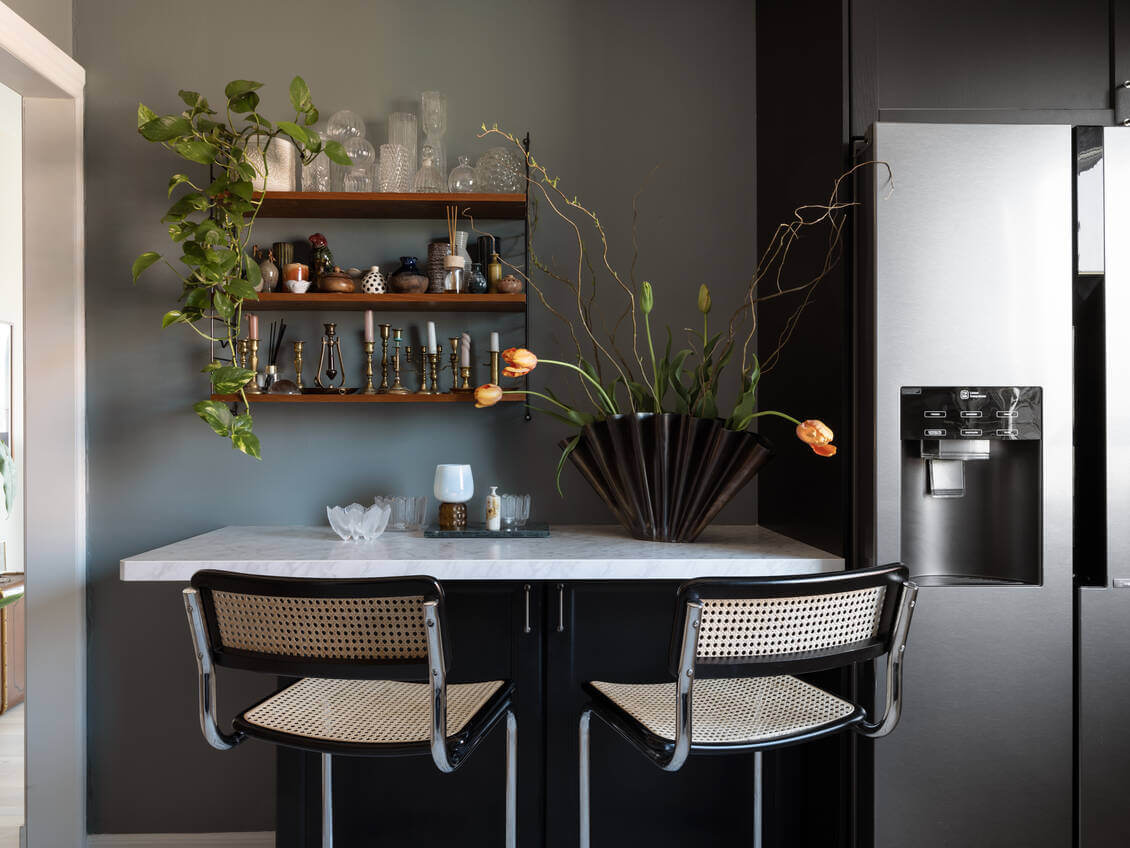 A Warm Neutral Colored Nordic Home 18 bar-table-black-kitchen-string-shelves-nordroom
