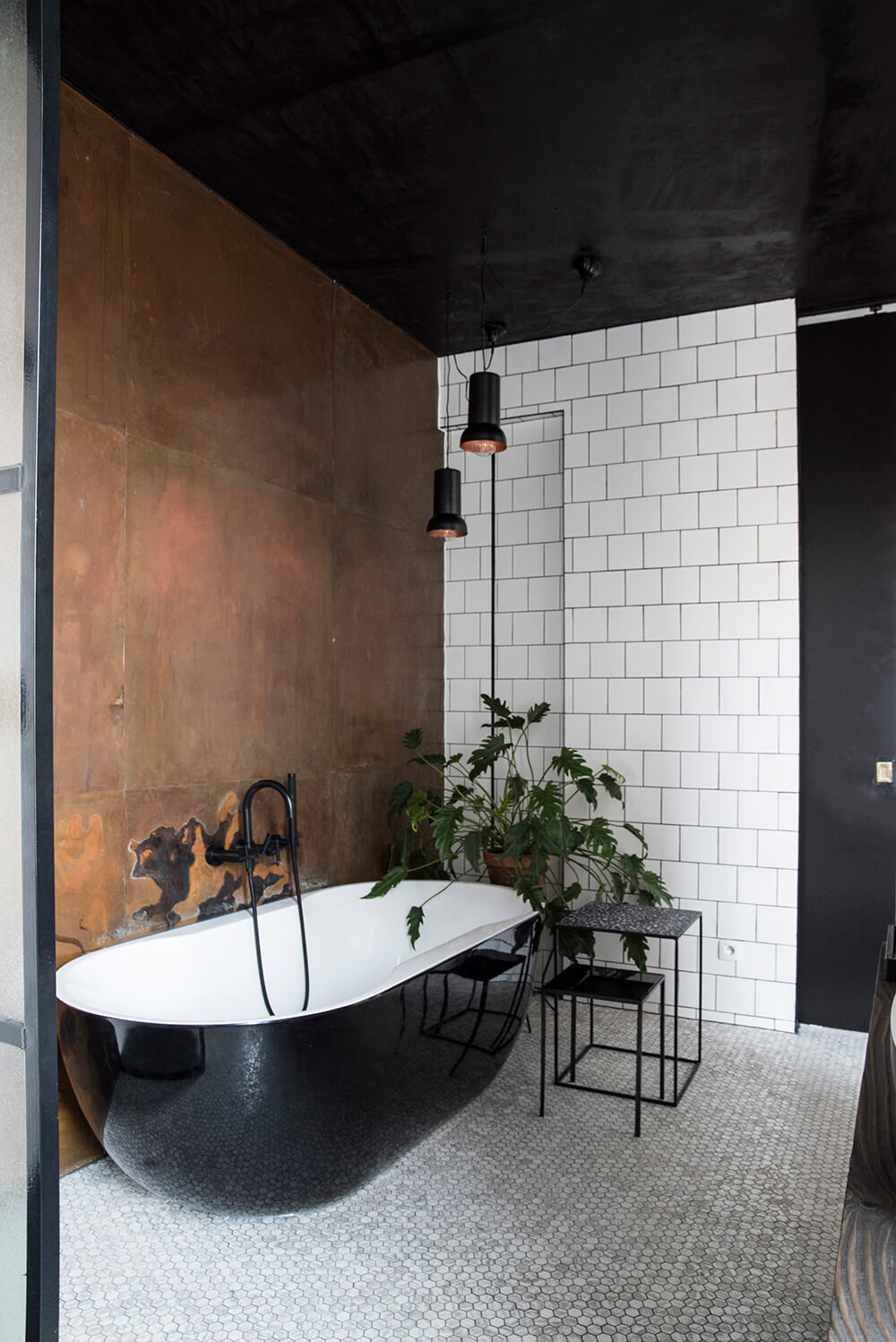 50 Amazing Black Bathroom Design Ideas 40 bathroom-black-ceiling-copper-statement-wall-black-freestanding-bath-nordroom