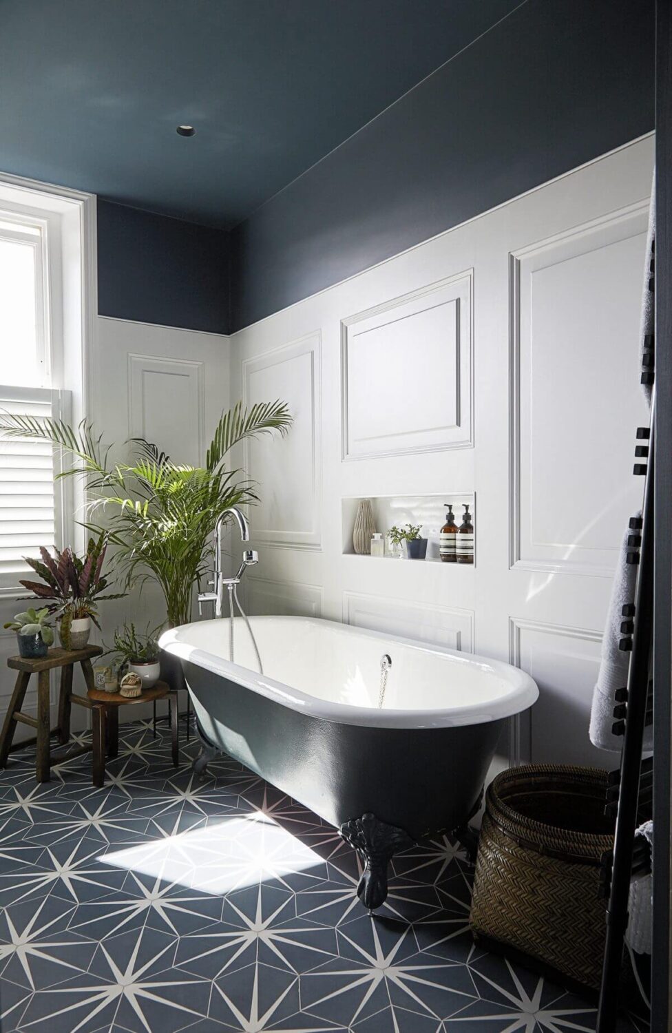 50 Amazing Black Bathroom Design Ideas 42 bathroom-black-painted-ceiling-freestanding-bath-star-floor-tiles-nordroom