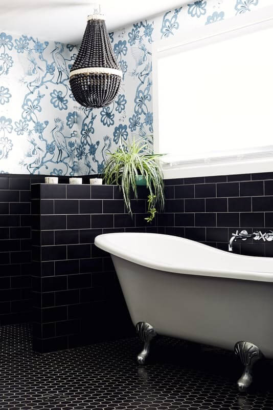 50 Amazing Black Bathroom Design Ideas 21 bathroom design black subway tiles blue wallpaper nordroom 50 Amazing Black Bathroom Design Ideas