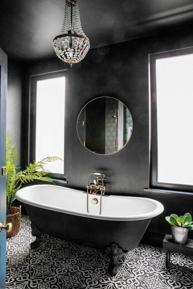 50 Amazing Black Bathroom Design Ideas 11 black-bathroom-freestanding-bath-round-mirror-nordroom