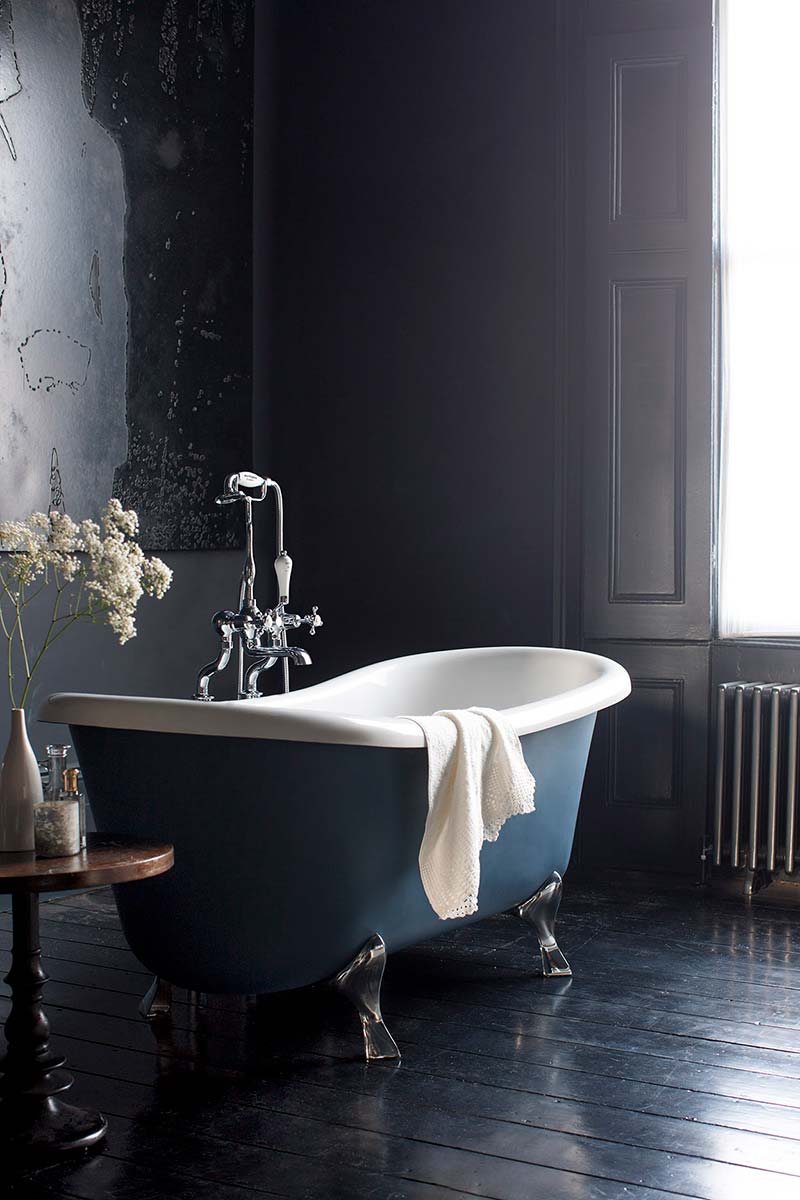 50 Amazing Black Bathroom Design Ideas 10 black-bathroom-freestanding-blue-clawfoot-bath-nordroom