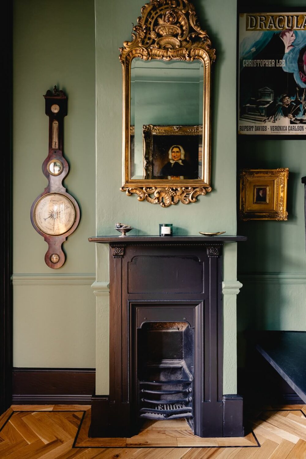A Green Kitchen with Pink Ceiling in a Colorful London Home 13 black-fireplace-edwardian-home-london-england-nordroom