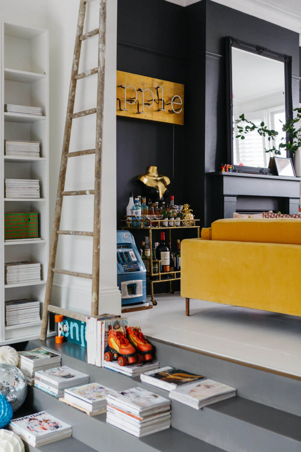 A Black and White Victorian House in London 14 black-white-living-room-yellow-sofa-nordroom