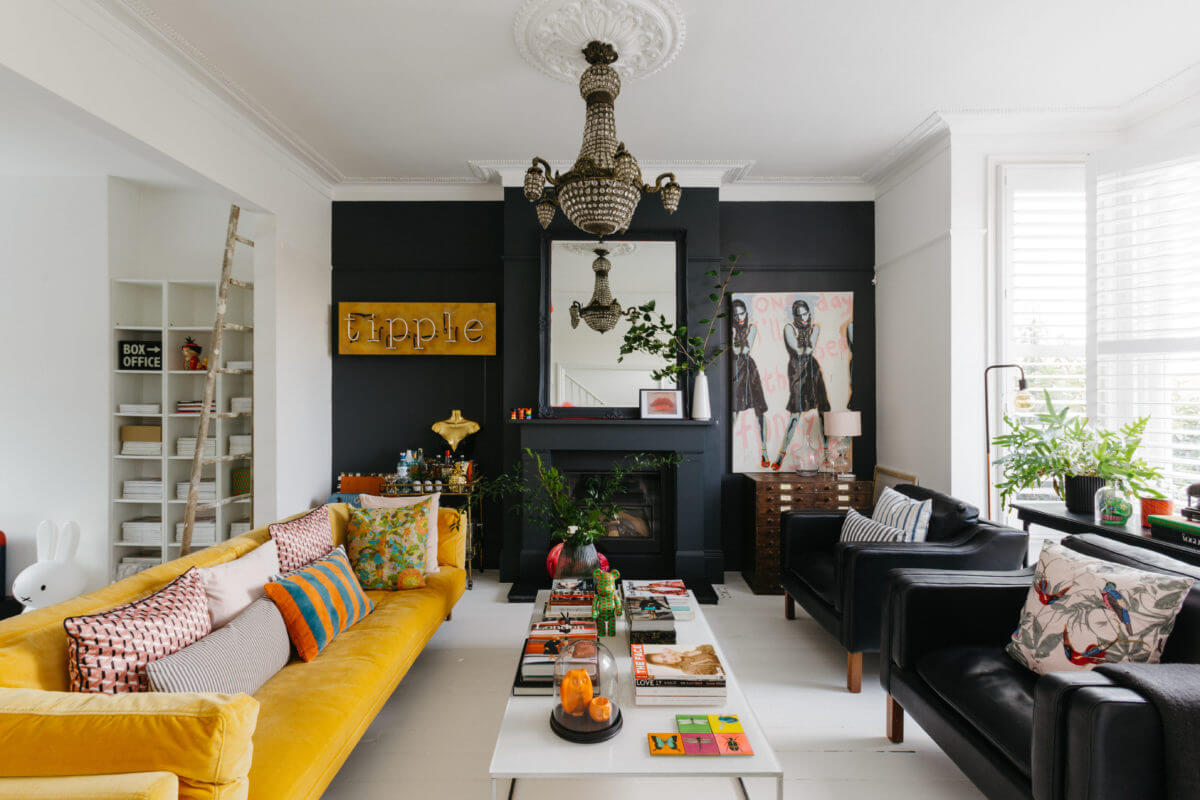 A Black and White Victorian House in London 15 black-white-sitting-room-yellow-sofa-black-fireplace-victorian-house-london-nordroom
