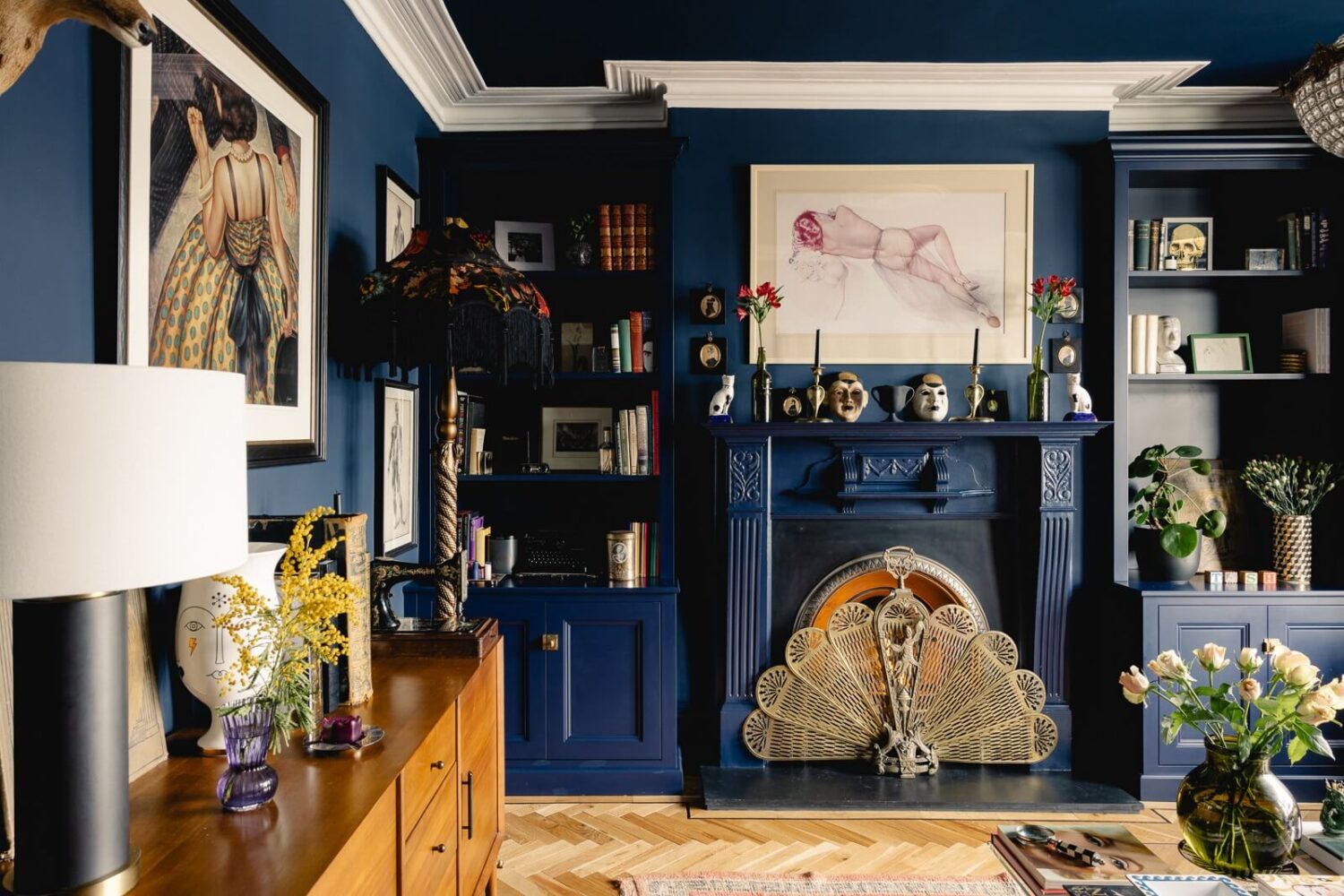 A Green Kitchen with Pink Ceiling in a Colorful London Home 4 blue-sitting-room-fireplace-bookshelves-nordroom