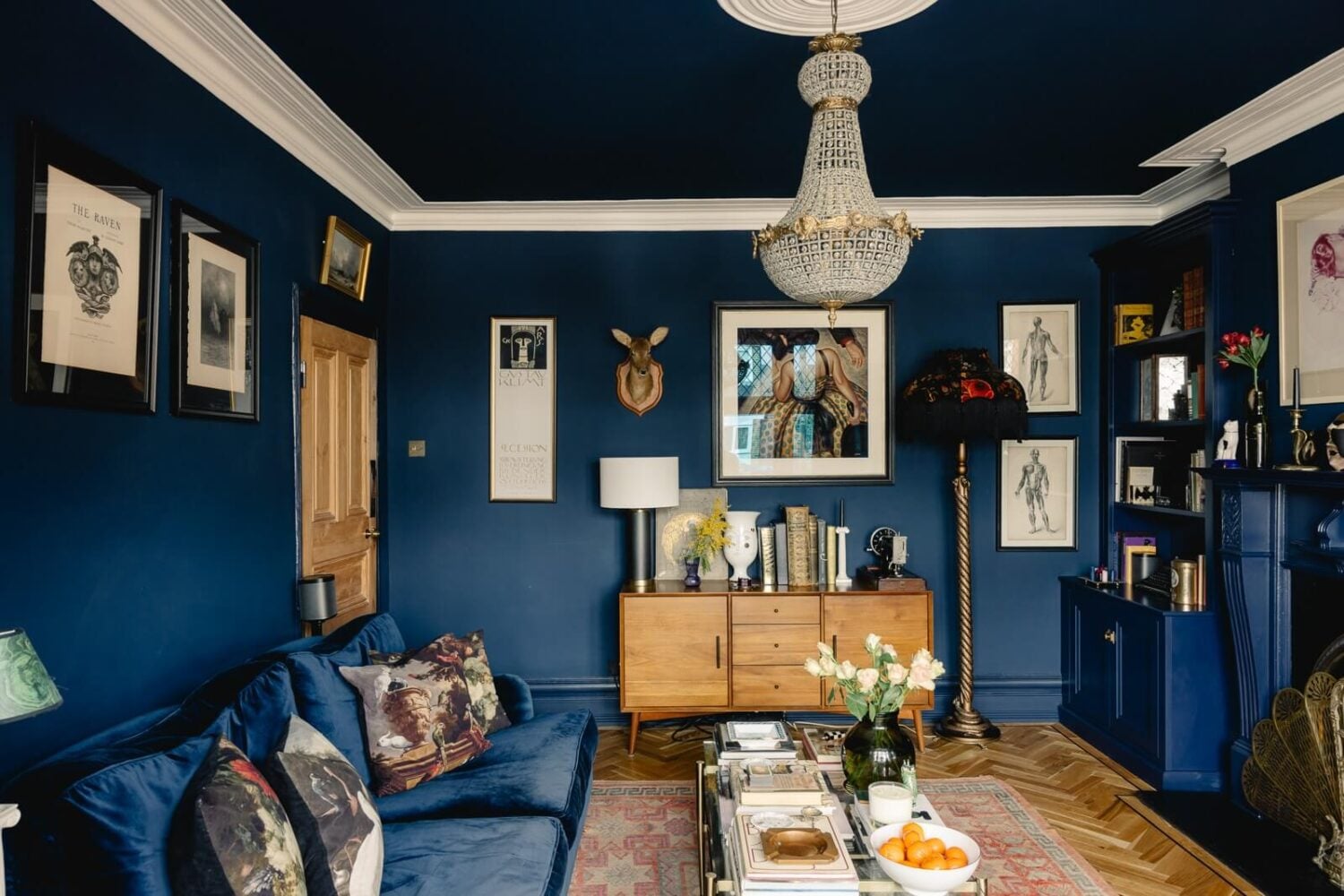 A Green Kitchen with Pink Ceiling in a Colorful London Home 6 blue-sitting-room-painted-ceiling-colorful-edwardian-home-london-nordroom