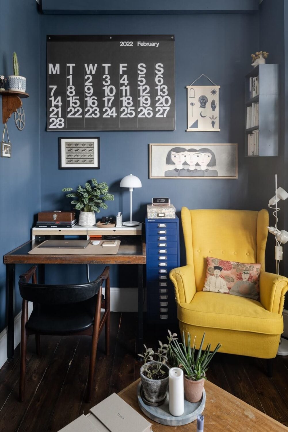 Benjamin Moore Color of the Year 2024: Blue Nova 18 dark-blue-sitting-room-yellow-chair-home-office-nordroom