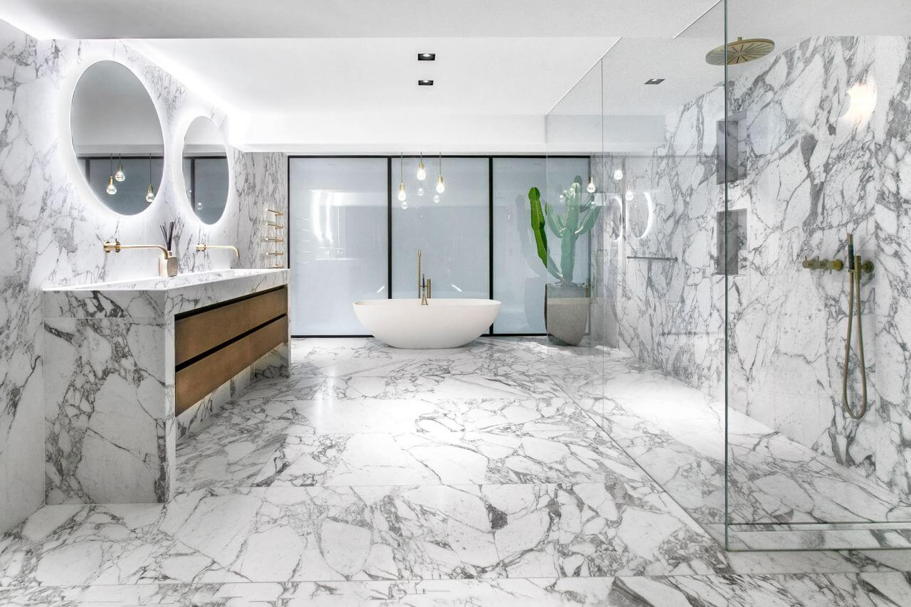 Simple Bathroom Design Ideas That Will Wow You 16 grand-marble-bathroom-freestanding-bath-shower-nordroom