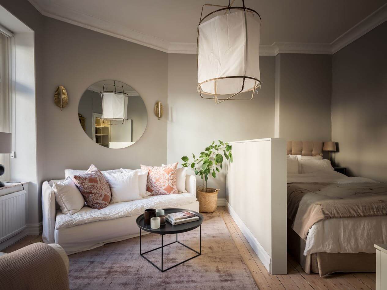 A Gray Studio Apartment with Spacious Kitchen 2 gray-studio-apartment-bed-nook-nordroom