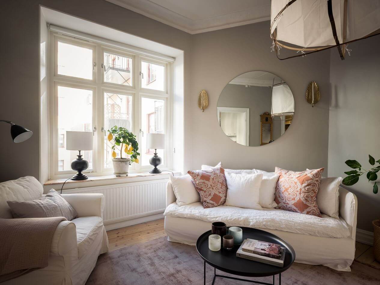 A Gray Studio Apartment with Spacious Kitchen 3 gray-studio-apartment-round-mirror-nordroom