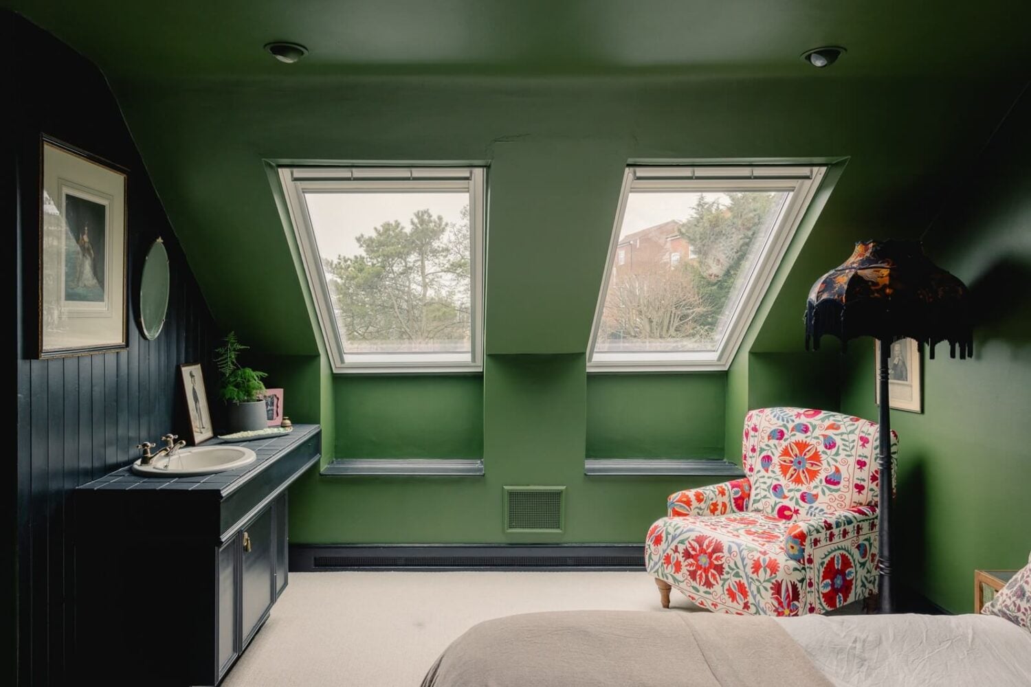 A Green Kitchen with Pink Ceiling in a Colorful London Home 24 green-attic-bedroom-wash-basin-nordroom