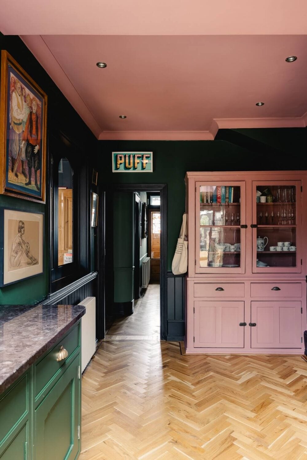 A Green Kitchen with Pink Ceiling in a Colorful London Home 3 green-kitchen-pink-ceiling-edwardian-home-london-nordroom