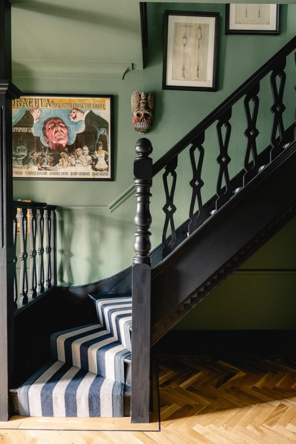A Green Kitchen with Pink Ceiling in a Colorful London Home 14 green-staircase-black-stairs-edwardian-nordroom