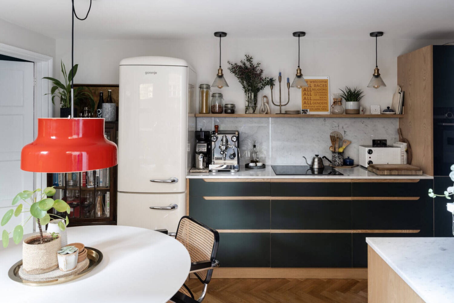 A Cozy Flat in London with Navy Blue Living Room 7 kitchen-deep-olive-green-cabinets-parquet-floor-marble-worktop-nordroom
