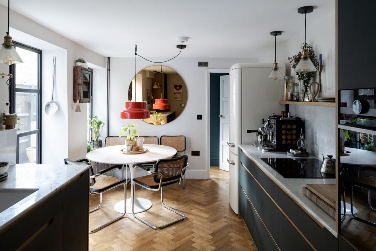 A Cozy Flat in London with Navy Blue Living Room 6 kitchen-olive-green-cabinets-london-flat-nordroom