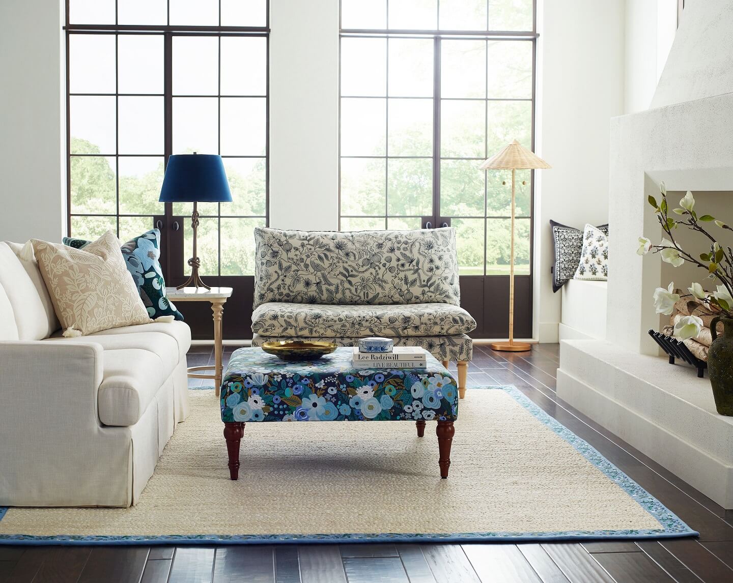 Rifle Paper Co. Have Launched Their First Furniture Collection 4 louie-sette-in-aviary-greenwich-ottoman-in-garden-party-blue-rifle-paper-co-furniture-collection-nordroom