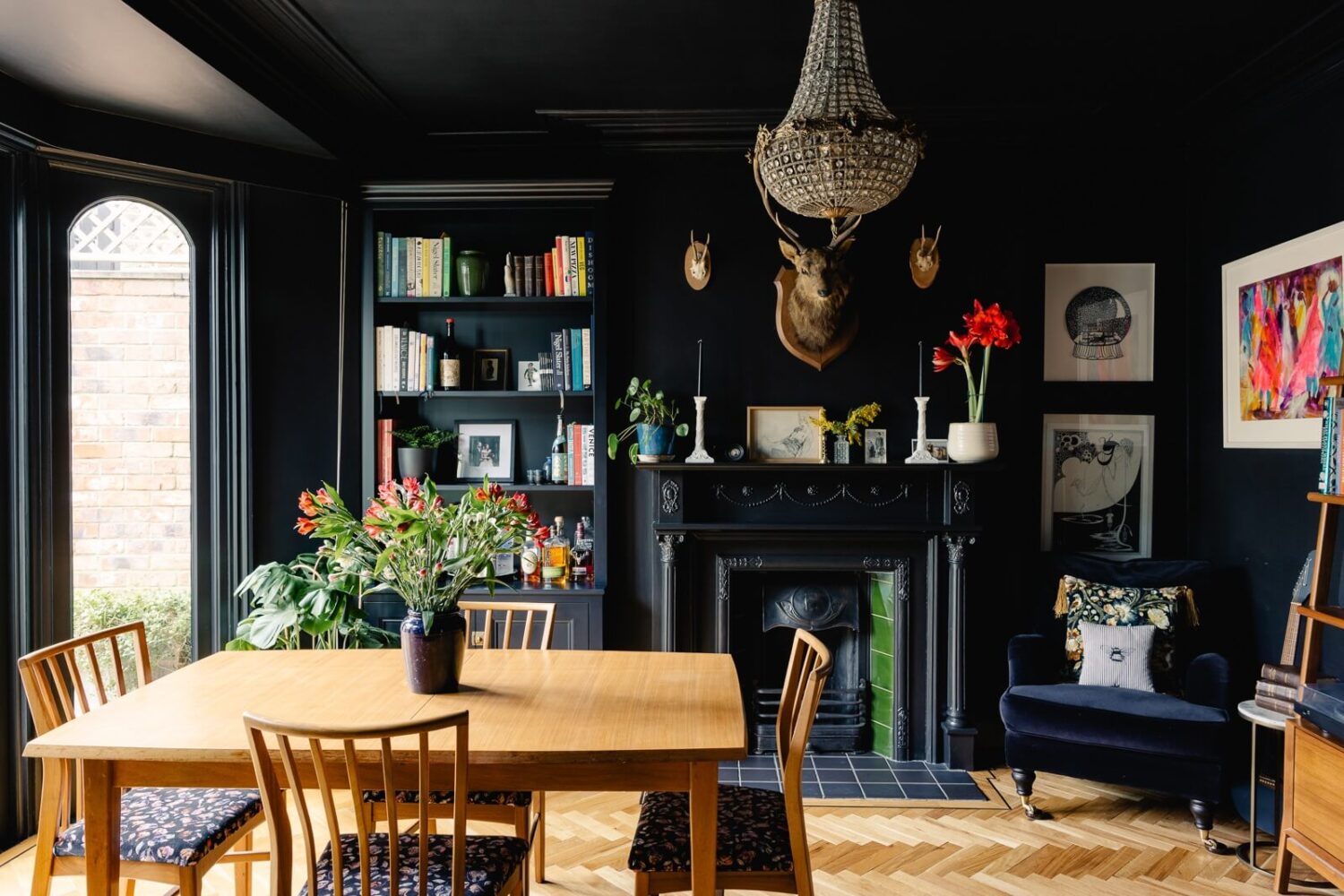 A Green Kitchen with Pink Ceiling in a Colorful London Home 7 moody-blue-dining-room-black-fireplace-nordroom