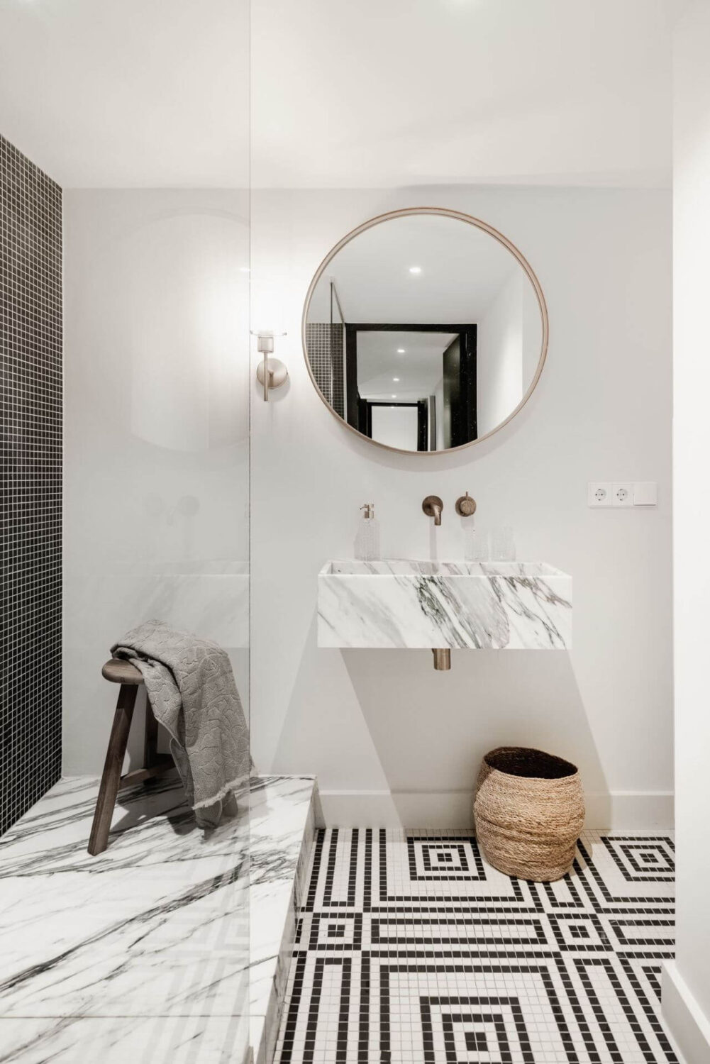 Simple Bathroom Design Ideas That Will Wow You 2 simple-bathroom-design-geometric-floor-tiles-marble-shower-nordroom