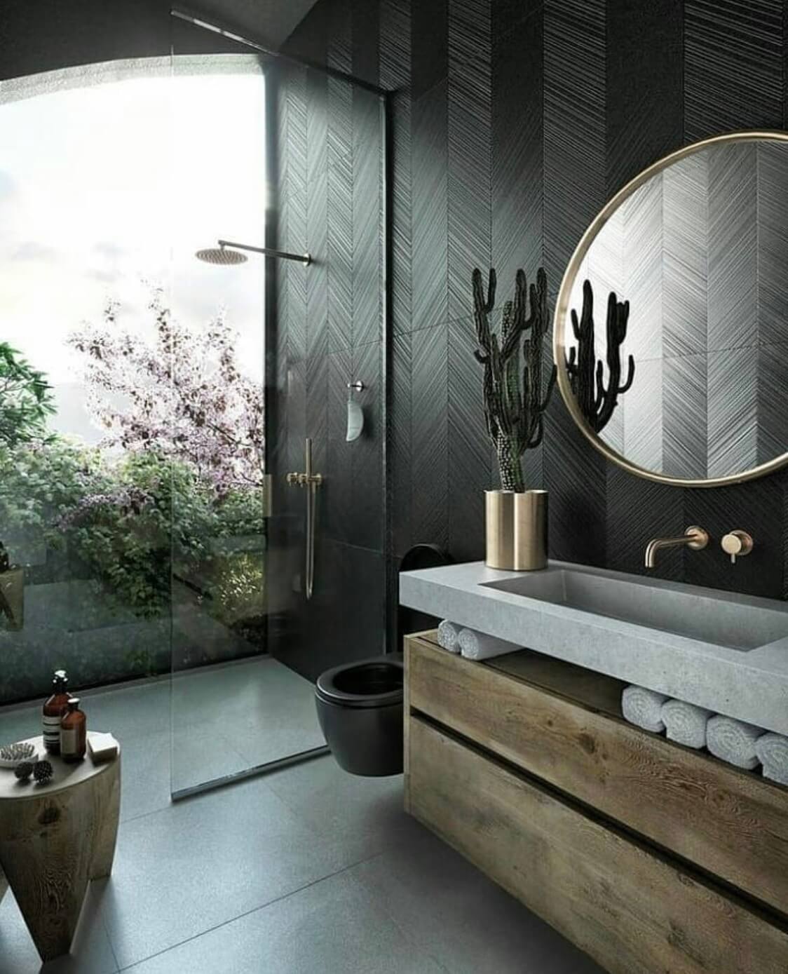 Simple Bathroom Design Ideas That Will Wow You 5 simple-bathroom-walk-in-shower-black-cladding-wood-vanity-round-mirror-nordroom
