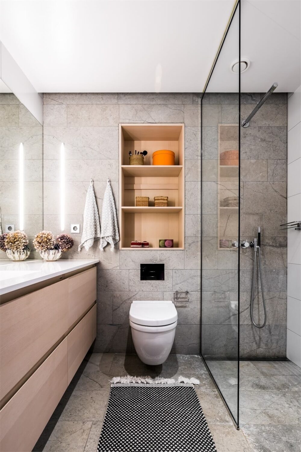 Simple Bathroom Design Ideas That Will Wow You 7 simple-gray-bathroom-storage-niche-wood-vanity-nordroom