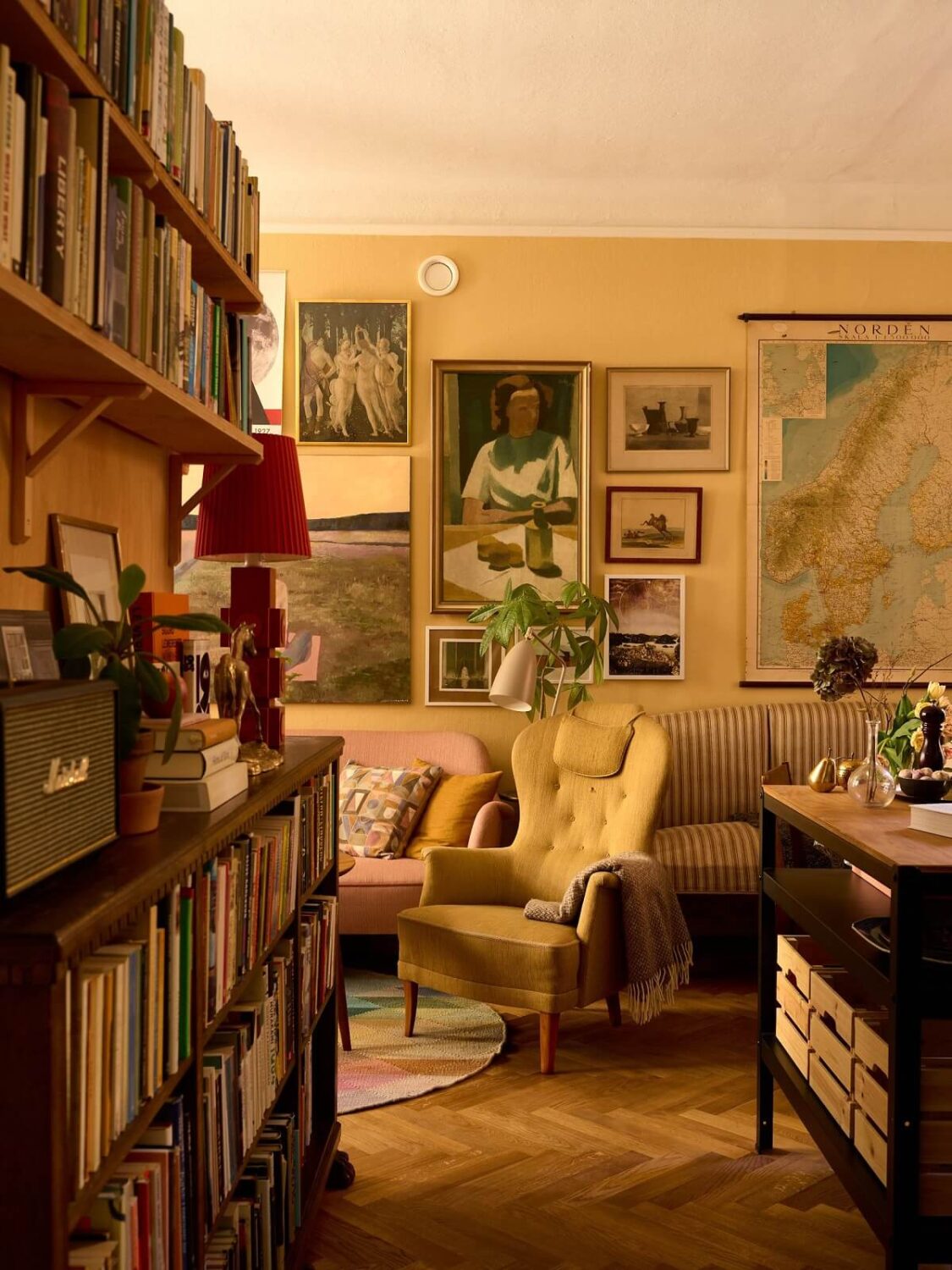 The Color Trends for 2023: Rich & Warm Natural Hues 4 vintage-scandinavian-home-oak-floor-bookshelves-gallery-wall-nordroom