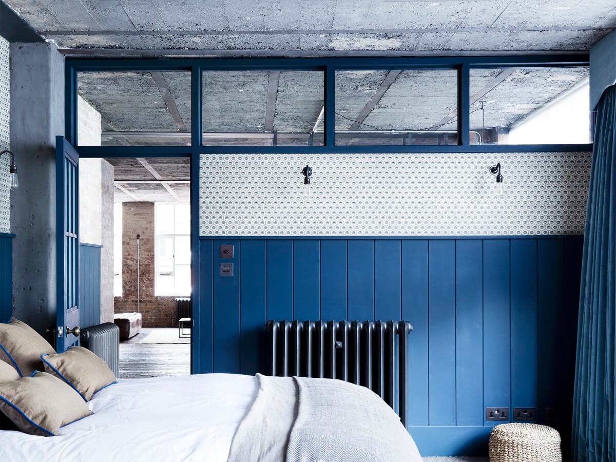 An Industrial Apartment by Mark Lewis Interior Design 14 bedroom-blue-cladding-mark-lewis-interior-design-nordroom