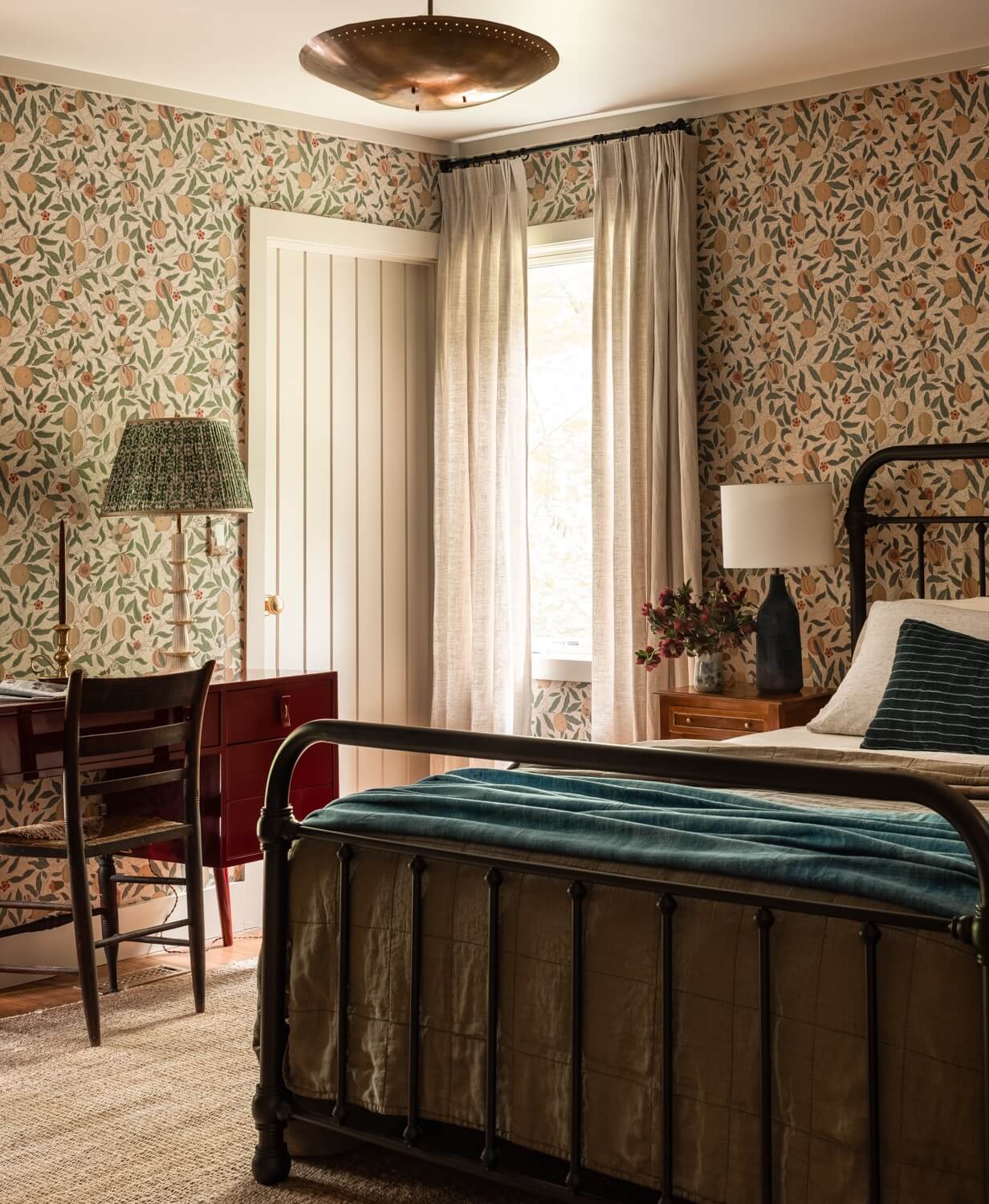 A Warm Country House in Dutchess County 11 Heidi-Caillier-Design-CT-country-house-Dutchess-County-design-bedroom-william-morris-iron-bed-red-desk-Nordroom