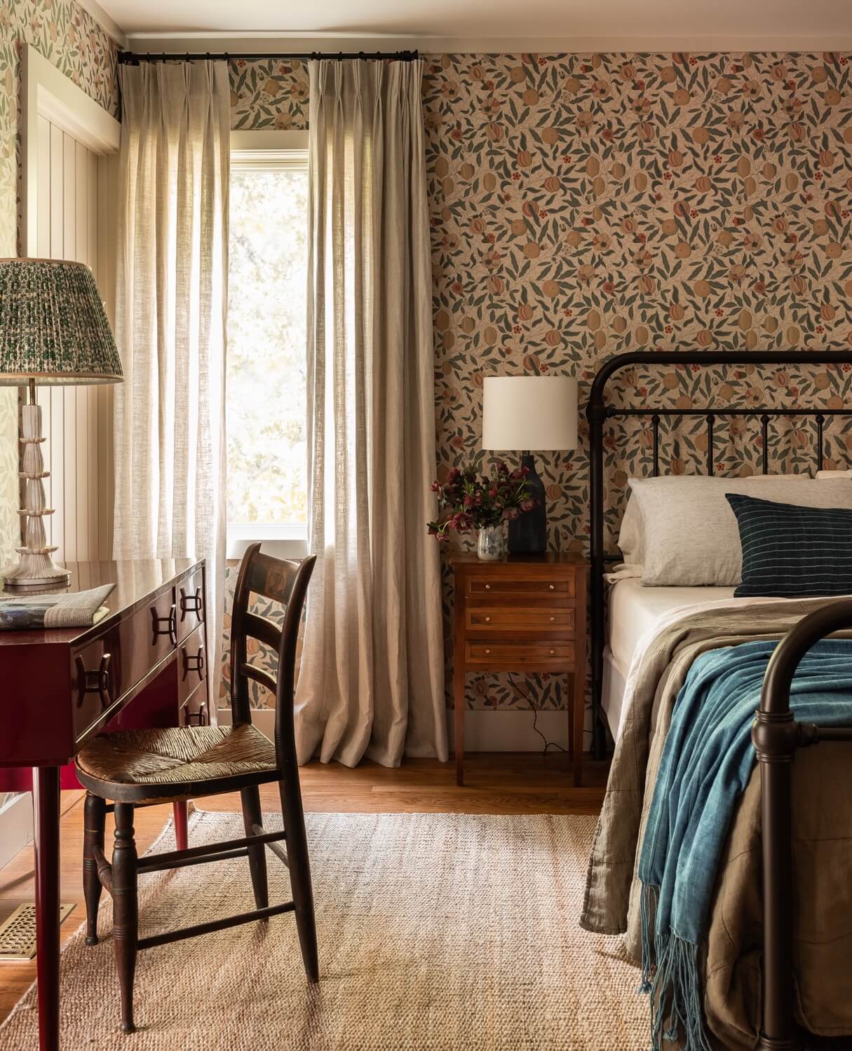 A Warm Country House in Dutchess County 12 Heidi-Caillier-Design-CT-country-house-Dutchess-County-design-bedroom-william-morris-iron-bed-red-desk-vintage-wood-furniture-Nordroom