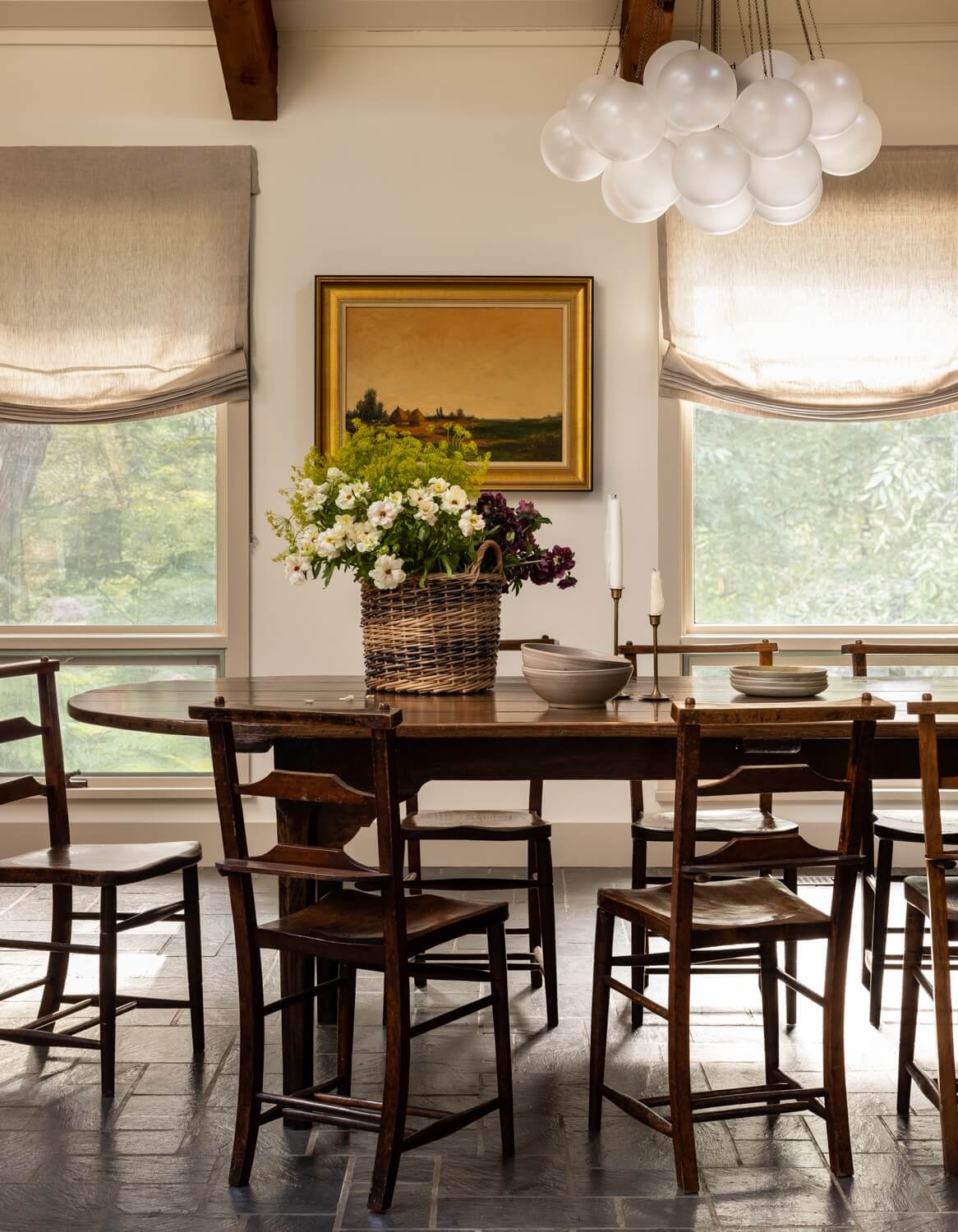 A Warm Country House in Dutchess County 7 Heidi-Caillier-Design-CT-country-house-Dutchess-County-design-dining-room-beams-rustic-table-vintage-art-refectory-chairs-Nordroom