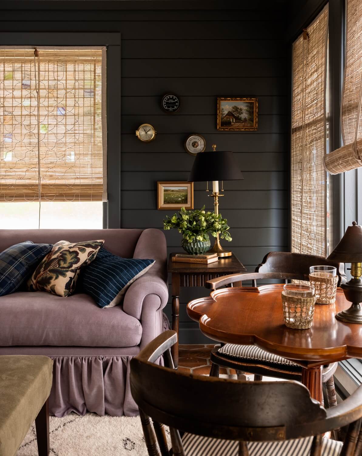 A Warm Country House in Dutchess County 9 Heidi-Caillier-Design-CT-country-house-Dutchess-County-design-sunroom-dark-paint-indian-chx-blinds-purple-sofa-vintage-game-table-Nordroom