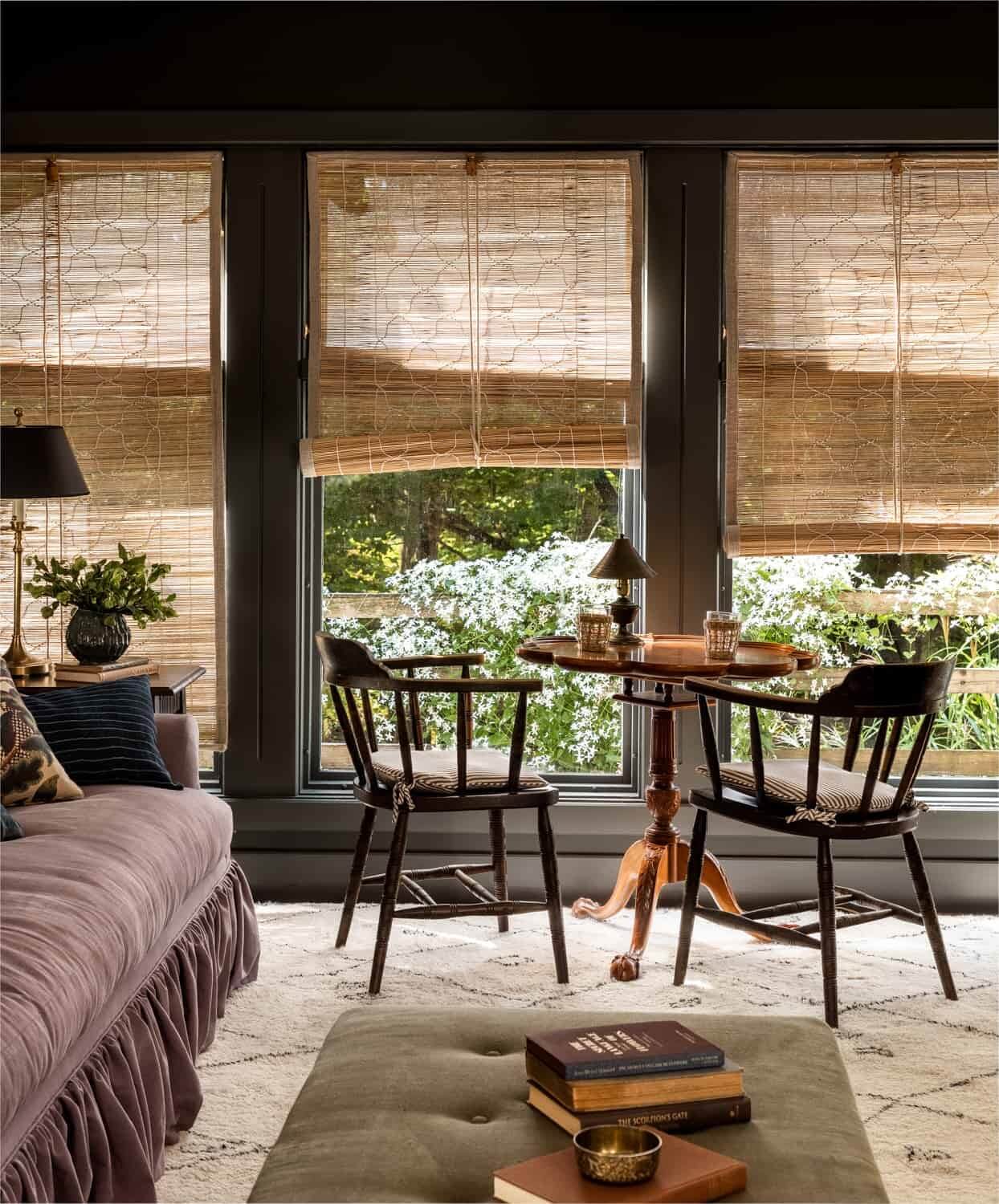 A Warm Country House in Dutchess County 10 Heidi-Caillier-Design-CT-country-house-Dutchess-County-design-sunroom-dark-walls-indian-chx-blinds-Nordroom