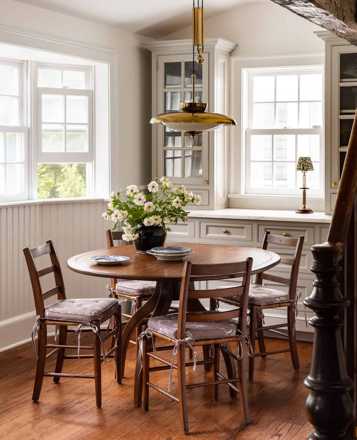 Patterns and Historic Charm in a Bedford Home 20 Heidi-Caillier-Design-Hudson-Valley-farmhouse-kitchen-old-beams-dining-nook-Nordroom