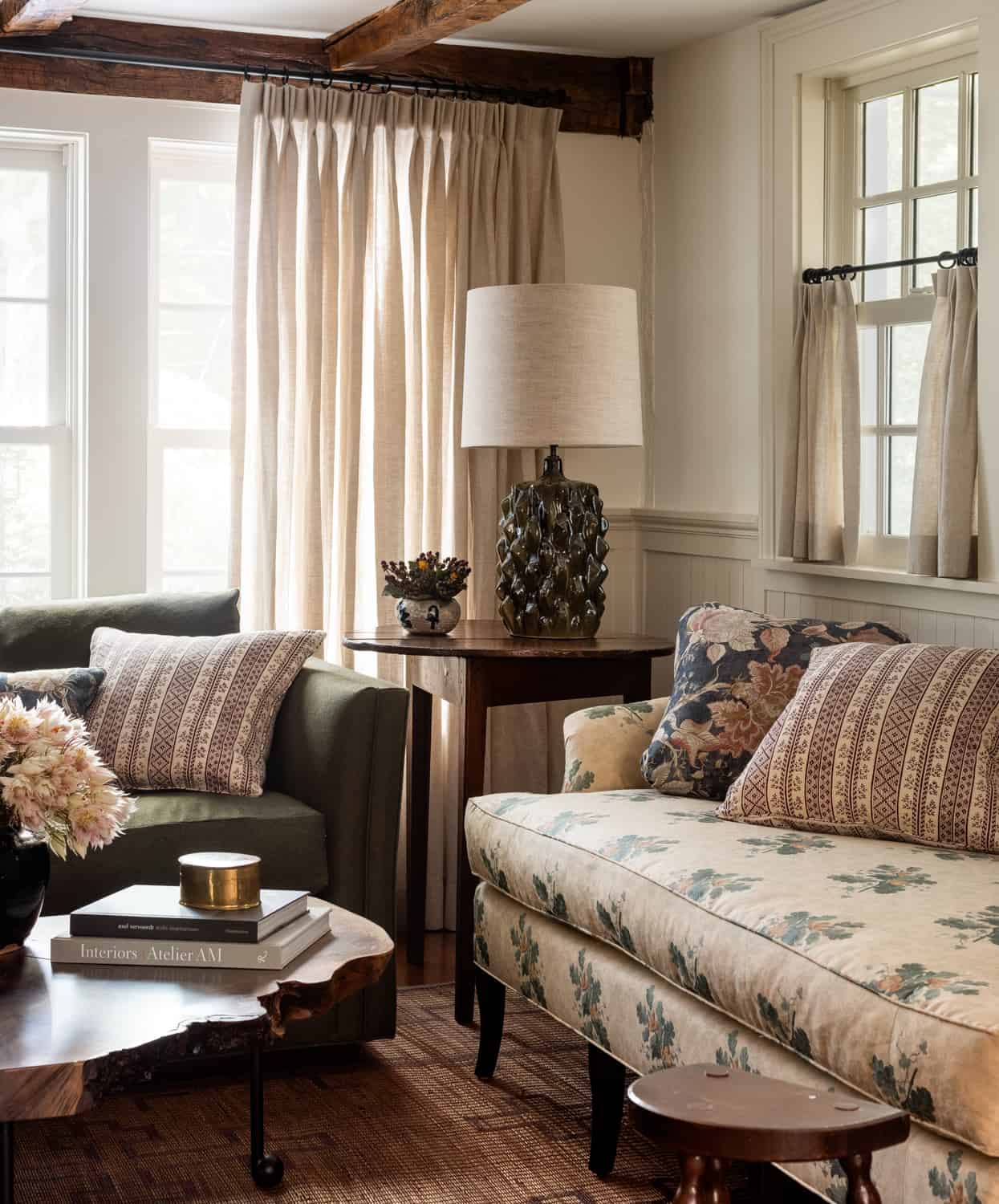 Patterns and Historic Charm in a Bedford Home 12 Heidi-Caillier-Design-Hudson-Valley-farmhouse-living-room-old-beams-Nordroom