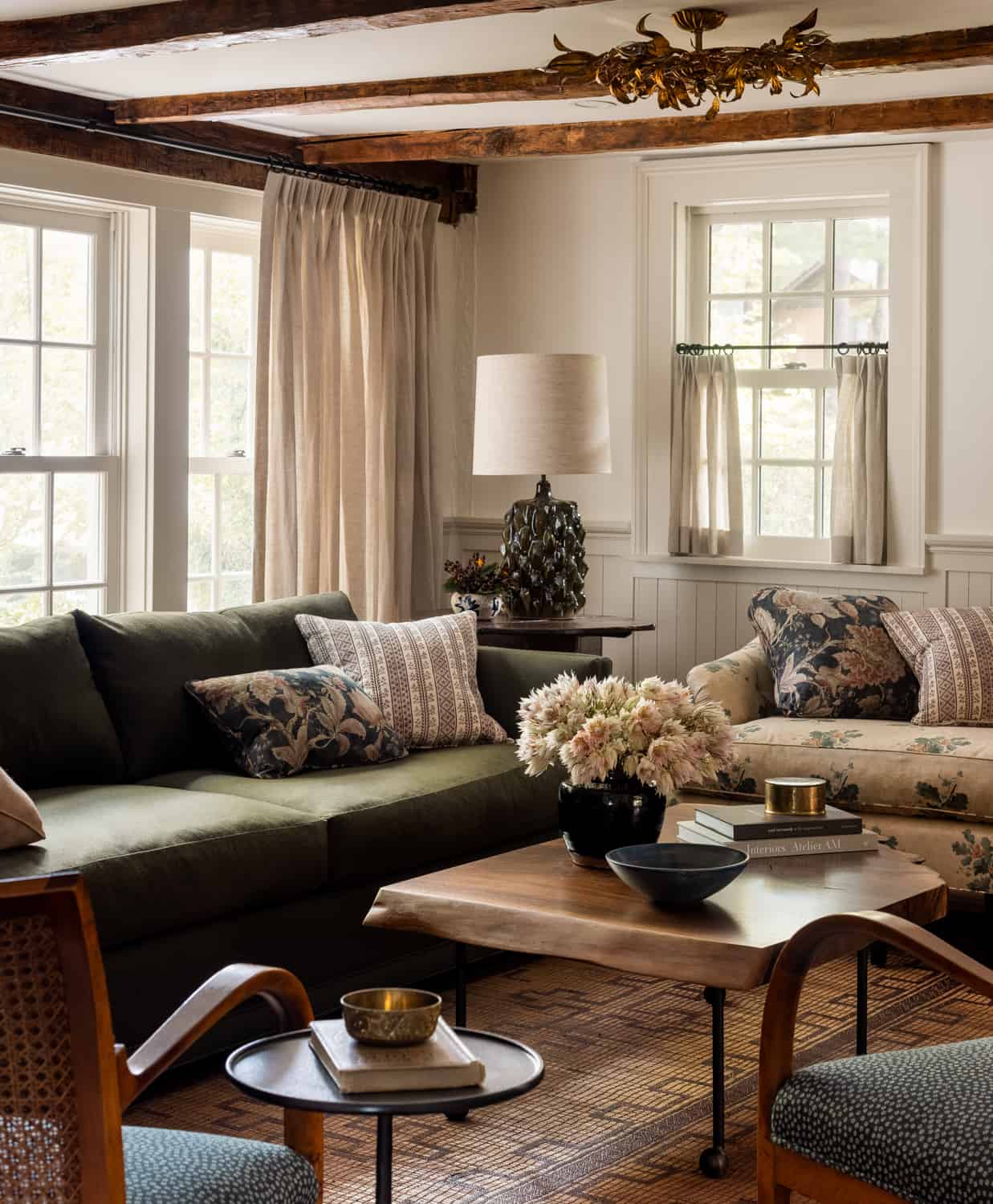 Patterns and Historic Charm in a Bedford Home 13 Heidi-Caillier-Design-Hudson-Valley-farmhouse-living-room-pattern-texiles-old-beams-Nordroom