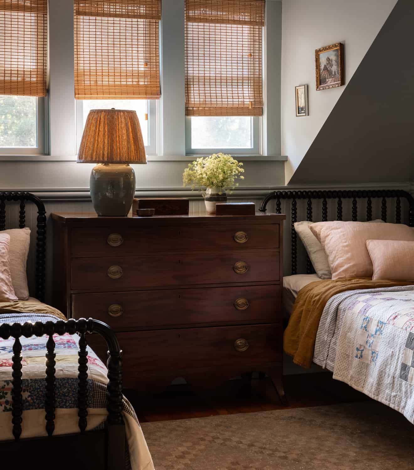 Patterns and Historic Charm in a Bedford Home 28 Heidi-Caillier-Design-Hudson-Valley-house-bedroom-kids-old-house-spindle-beds-quilts-nordroom