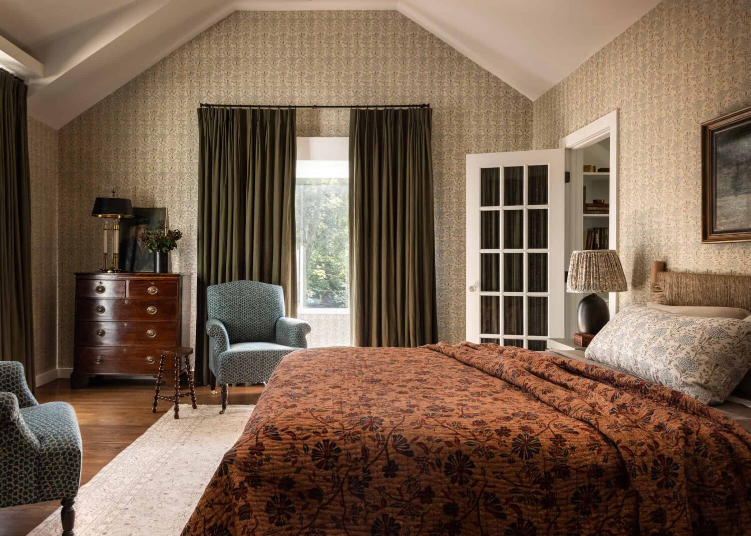 Patterns and Historic Charm in a Bedford Home 23 Heidi-Caillier-Design-Hudson-Valley-house-bedroom-wallpaper-eaves-cozy-old-beams-nordroom