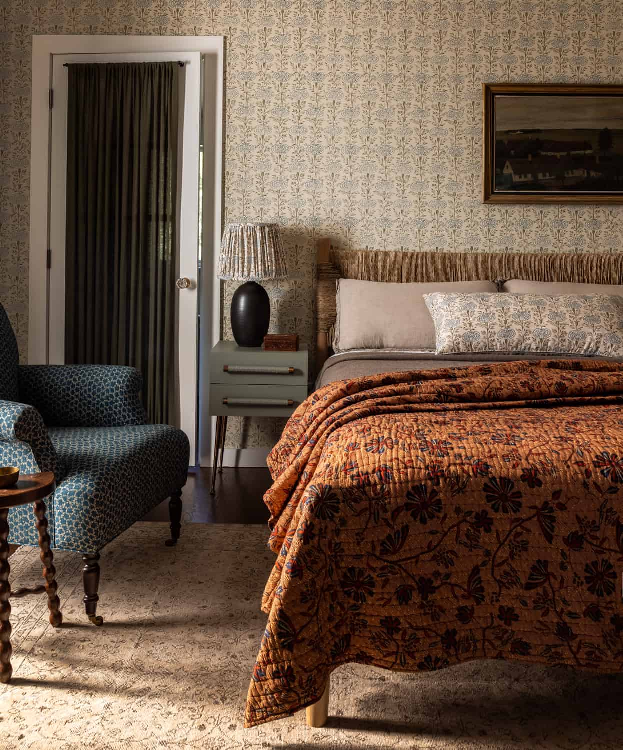 Patterns and Historic Charm in a Bedford Home 25 Heidi-Caillier-Design-Hudson-Valley-house-bedroom-wallpaper-eaves-cozy-old-beams-quilt-nordroom