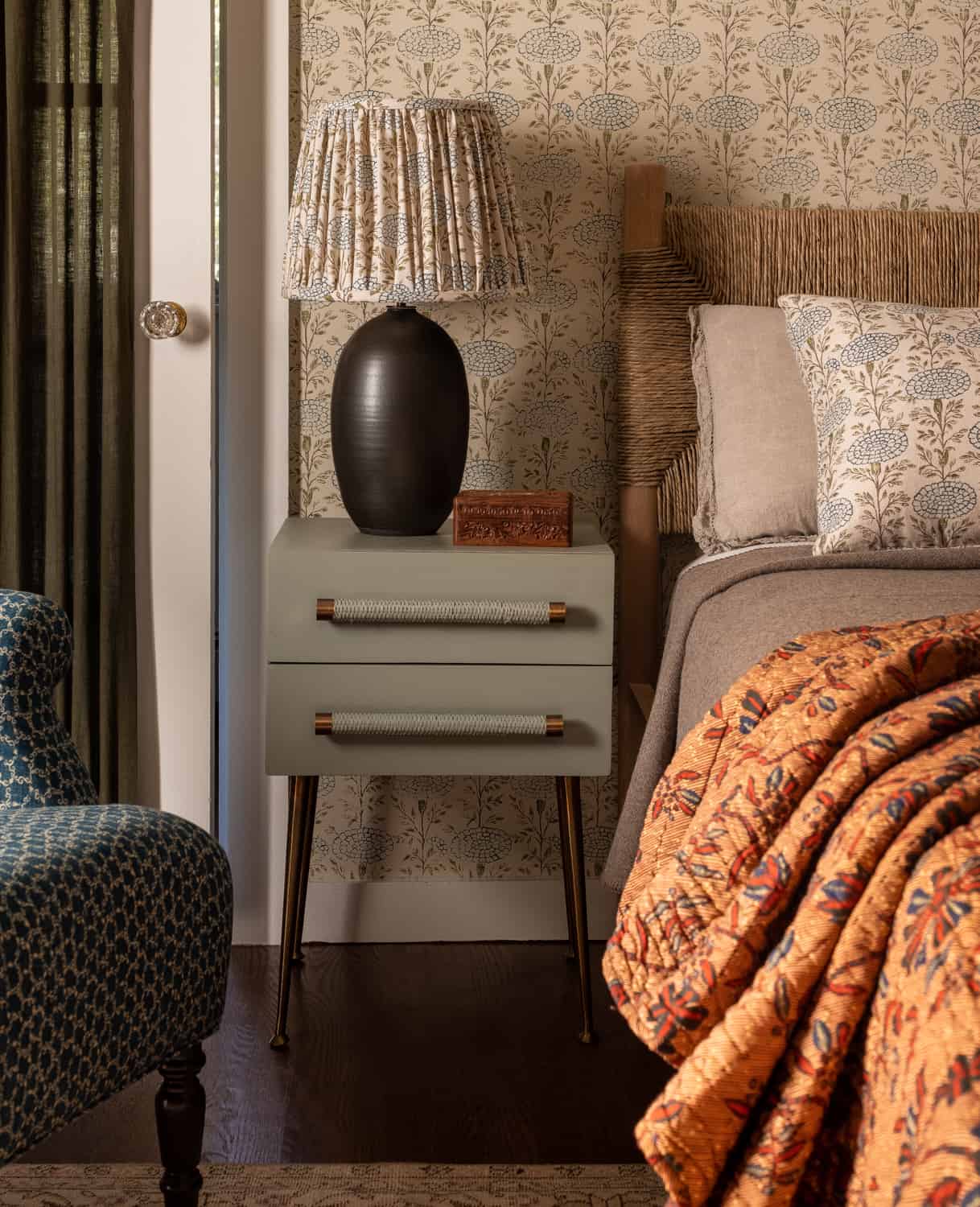 Patterns and Historic Charm in a Bedford Home 24 Heidi-Caillier-Design-Hudson-Valley-house-bedroom-wallpaper-eaves-cozy-old-beams-quilt-pattern-lampshades-nordroom