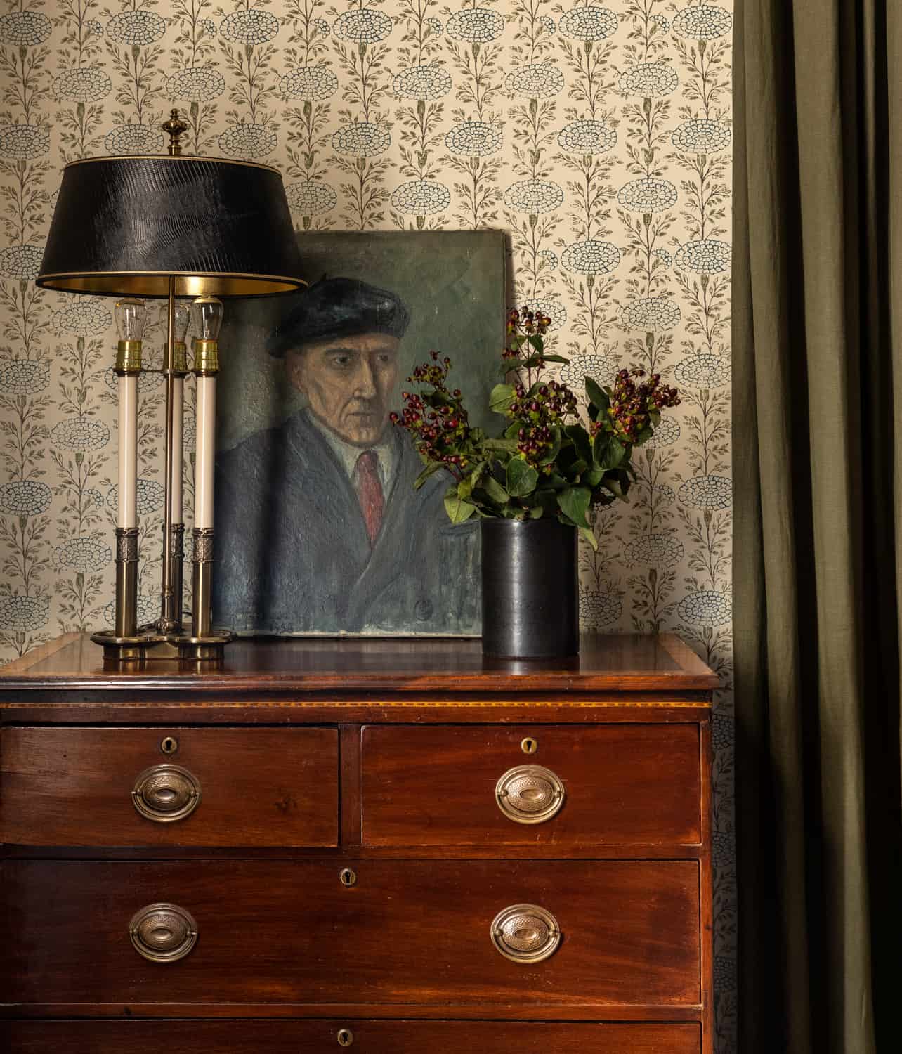Patterns and Historic Charm in a Bedford Home 26 Heidi-Caillier-Design-Hudson-Valley-house-bedroom-wallpaper-eaves-cozy-old-beams-vignette-nordroom