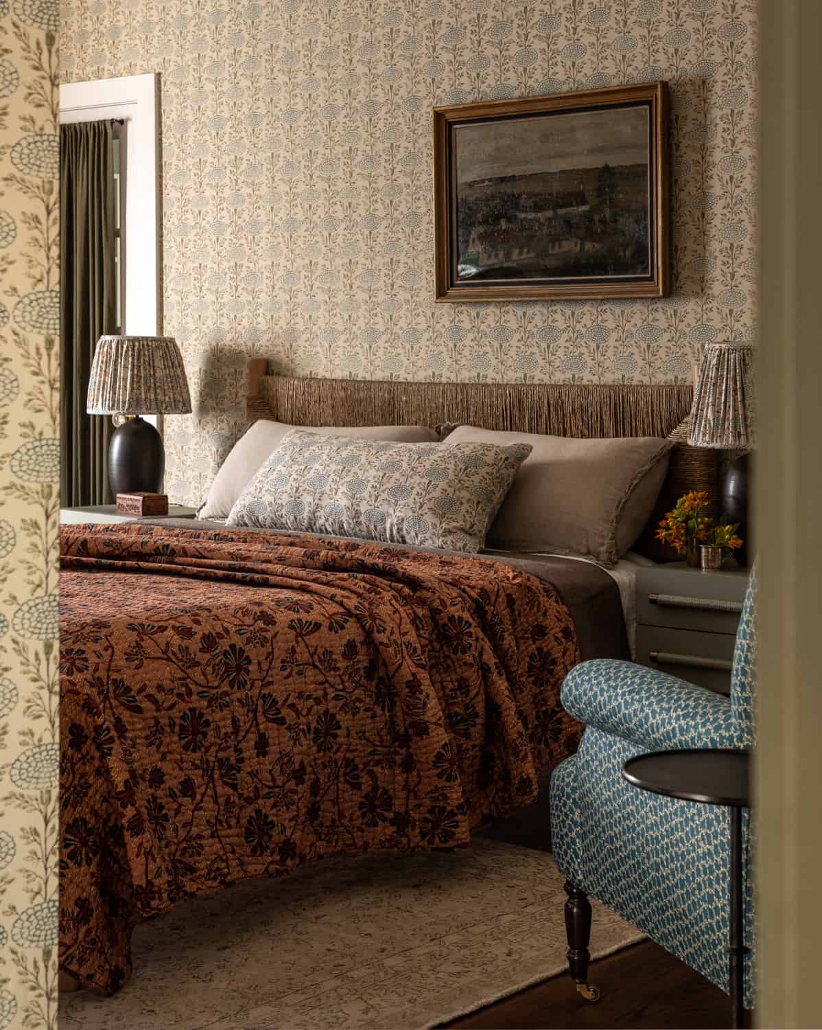 Patterns and Historic Charm in a Bedford Home 27 Heidi-Caillier-Design-Hudson-Valley-house-bedroom-wallpaper-eaves-cozy-old-beams-vintage-art-nickey-kehoe-quilt-nordroom