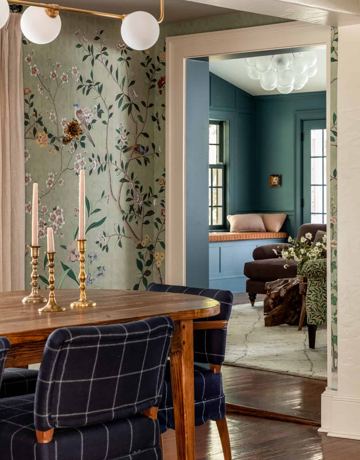 Patterns and Historic Charm in a Bedford Home 6 Heidi-Caillier-Design-Hudson-Valley-house-dining-room-old-beams-degournay-wallpaper-Nordroom