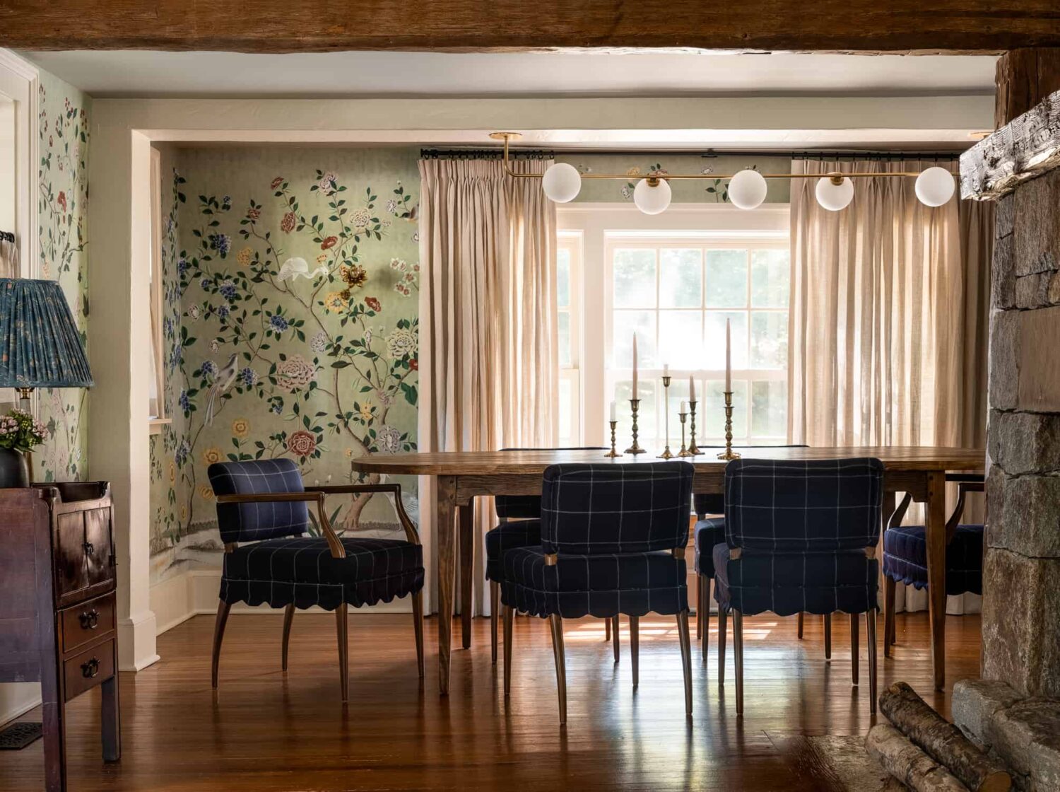 Patterns and Historic Charm in a Bedford Home 7 Heidi-Caillier-Design-Hudson-Valley-house-dining-room-old-beams-degournay-wallpaper-modern-lighting-Nordroom