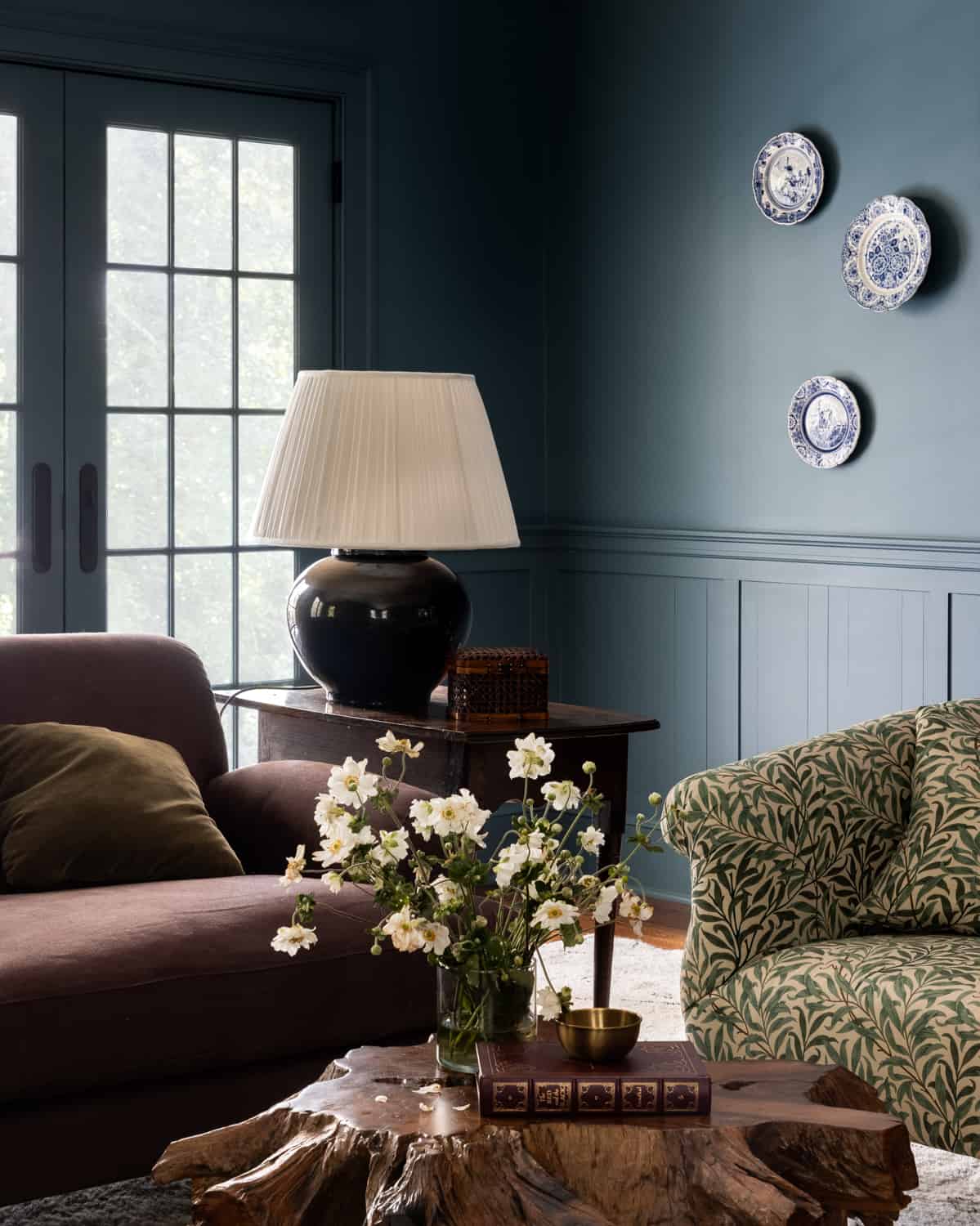 Patterns and Historic Charm in a Bedford Home 4 Heidi-Caillier-Design-Hudson-Valley-house-family-room-dark-paint-old-beams-nordroom