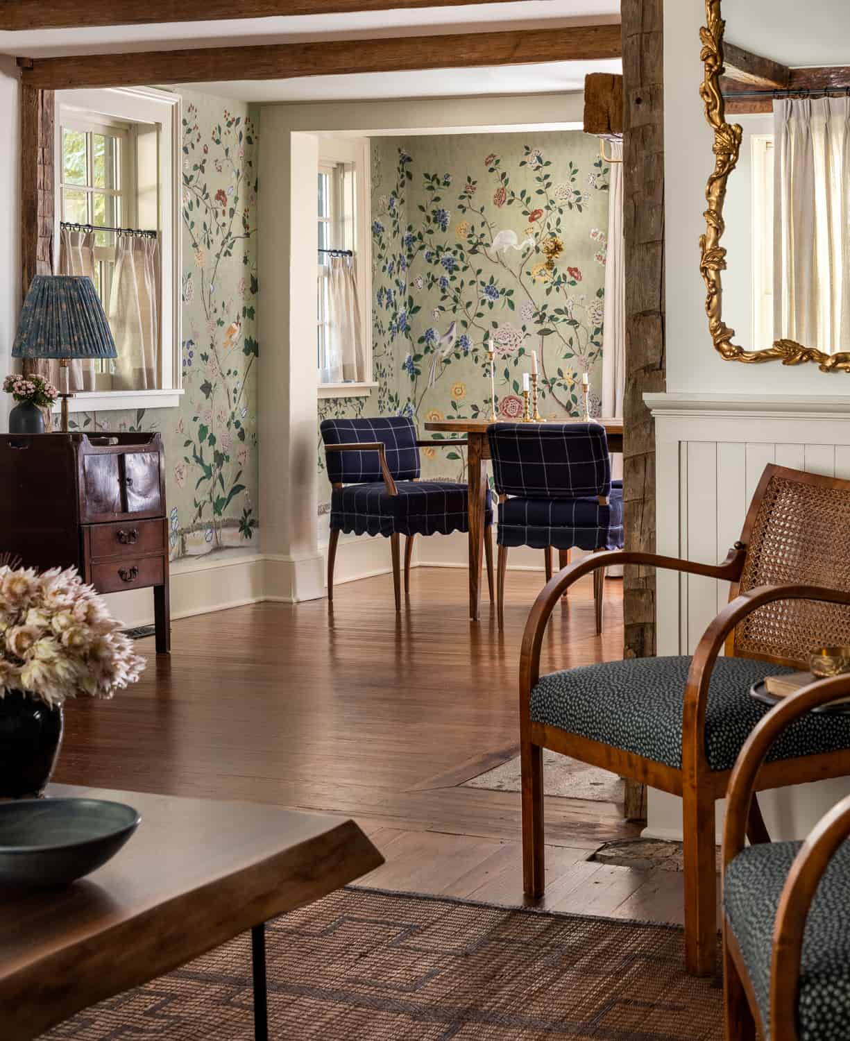 Patterns and Historic Charm in a Bedford Home 10 Heidi-Caillier-Design-Hudson-Valley-house-living-room-original-fireplace-vintage-chairs-Nordroom