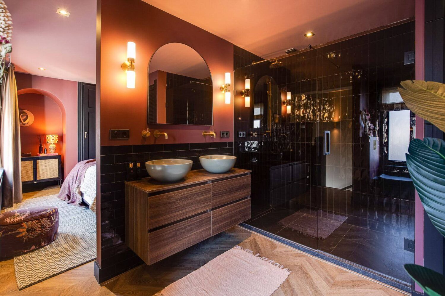 Best of 2022: Bedrooms 11 bathroom-black-shower-tiles-terracotta-walls-nordroom