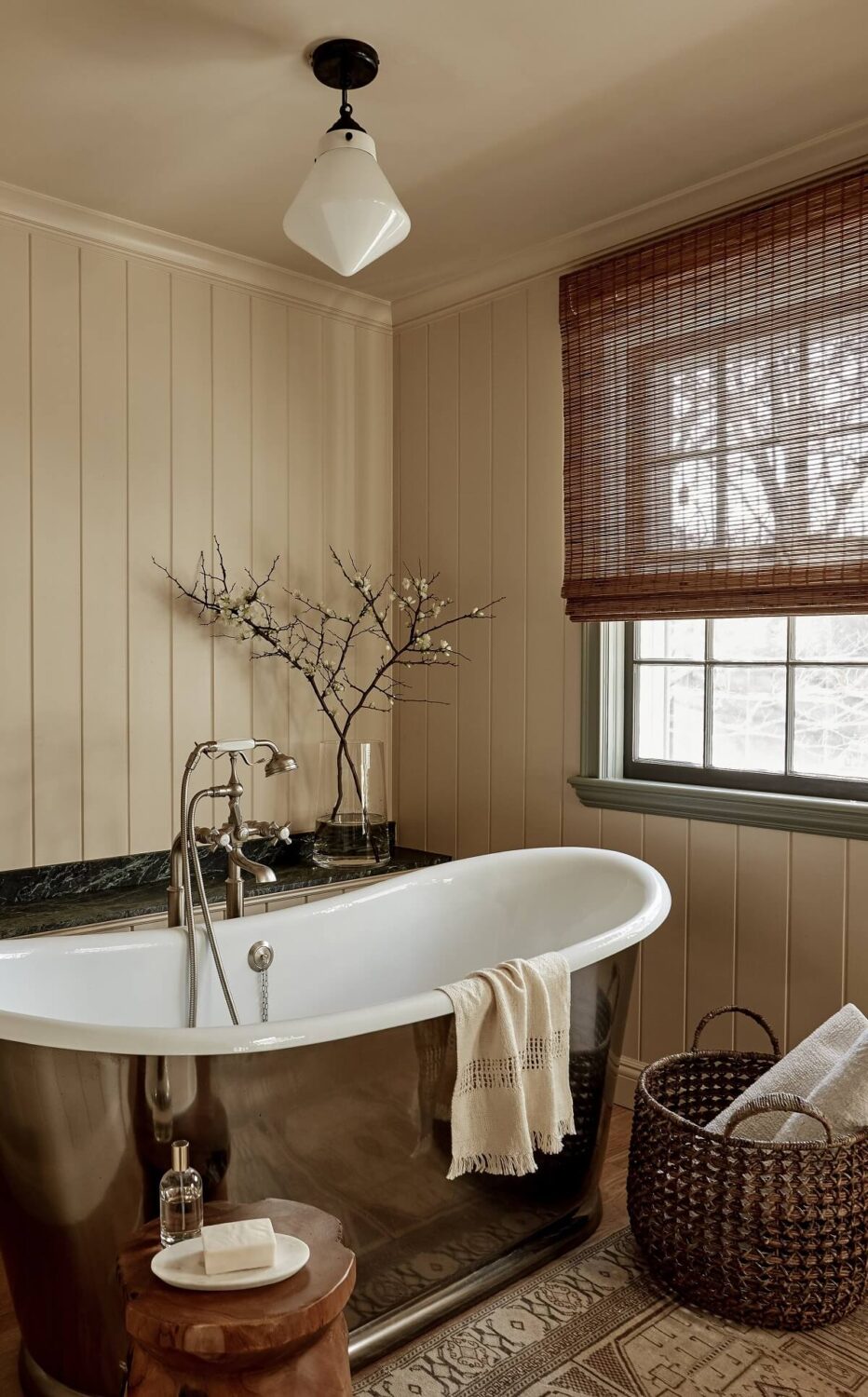 A Warm Family Home in Connecticut 11 bathroom-freestanding-bath-wooden-panel-walls-nordroom