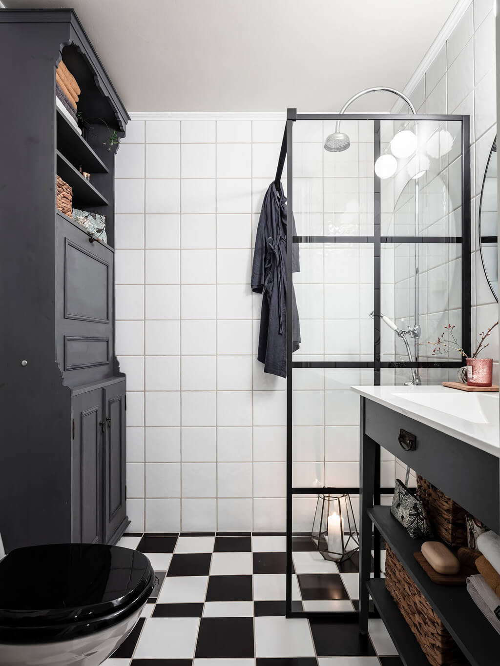 A Bright Nordic Home with Small (but Smartly Designed) Bedrooms 26 bathroom-industrial-glass-shower-door-black-white-tiles-nordroom